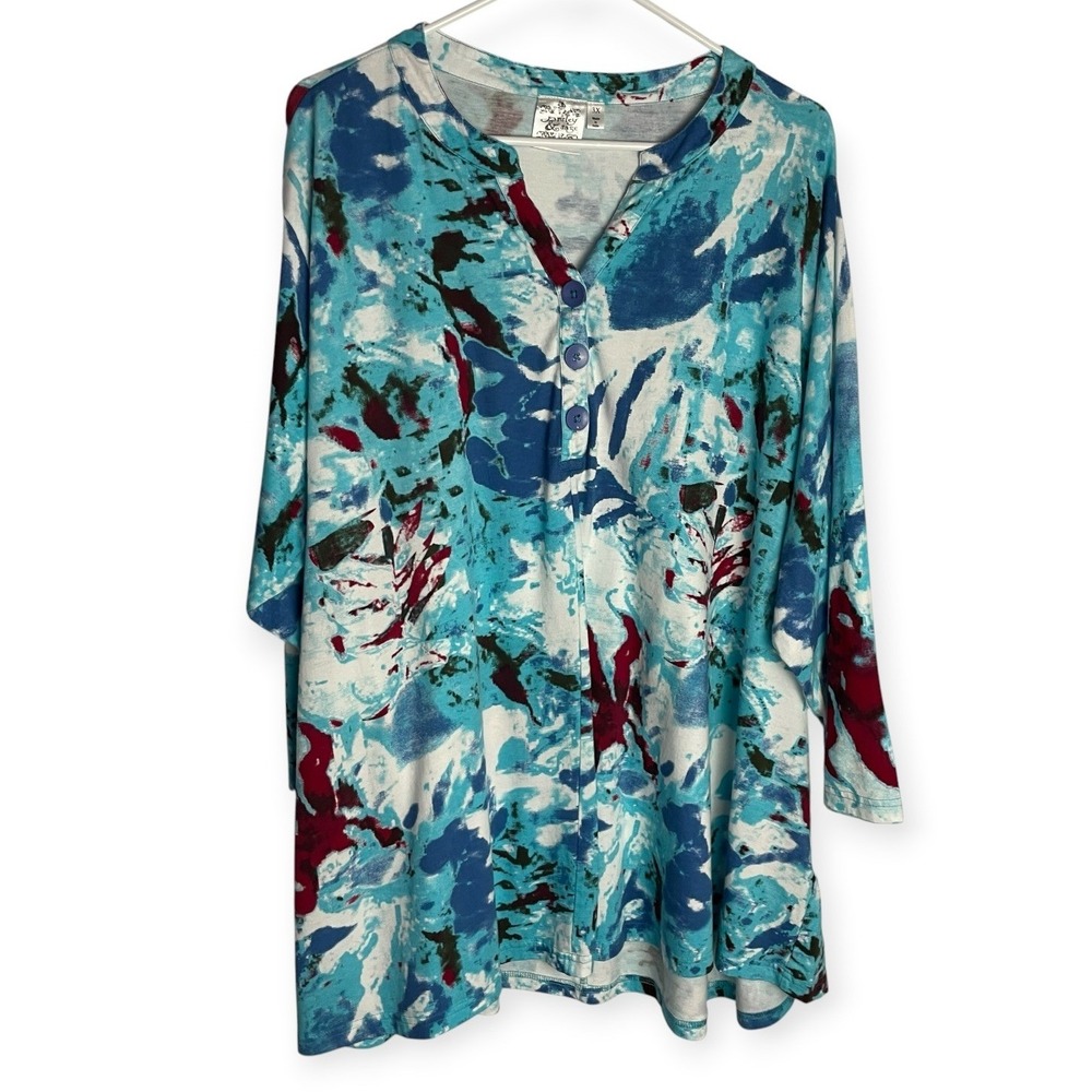 Parsley & Sage Womens Abstract Tunic Size 3X Blue Cotton 3/4 Sleeve Henley